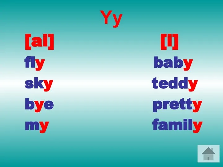 Yy [ai] [i] fly baby sky teddy bye pretty my family