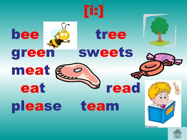 [i:] bee tree green sweets meat eat read please team