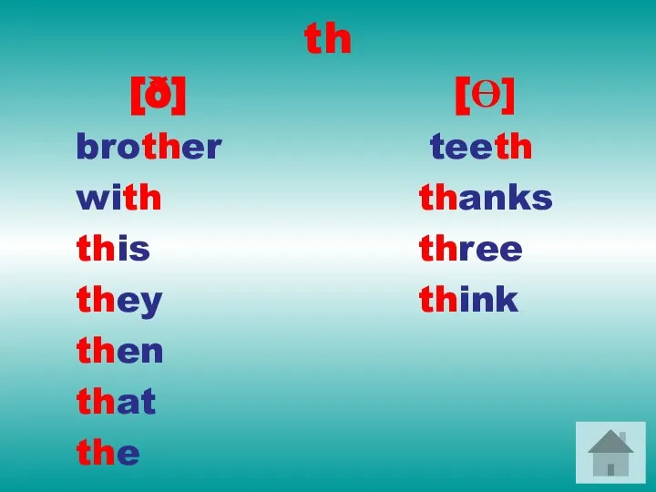 th [ð] [Ɵ] brother teeth with thanks this three they think then that the