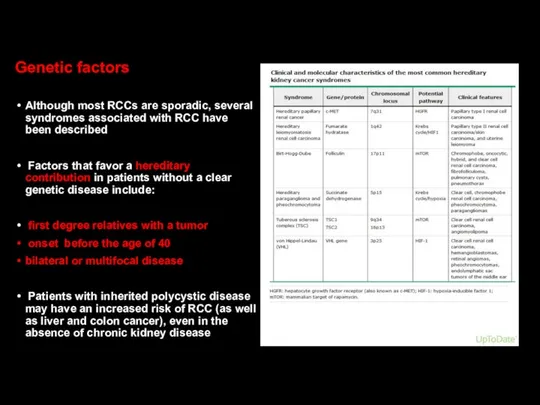 Genetic factors Although most RCCs are sporadic, several syndromes associated with