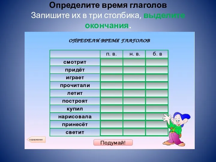 Определите время глаголов Запишите их в три столбика, выделите окончания.