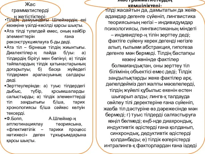 Жас грамматистердің жетістіктері: Жас грамматистердің кемшіліктері: Тілдің дамуындағы Шлейхердің екі кезеңіне