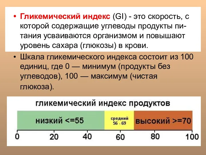 Гликемический индекс (GI) - это скорость, с которой содержащие углеводы продукты