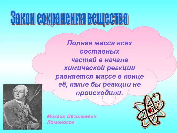 Закон сохранения вещества Полная масса всех составных частей в начале химической