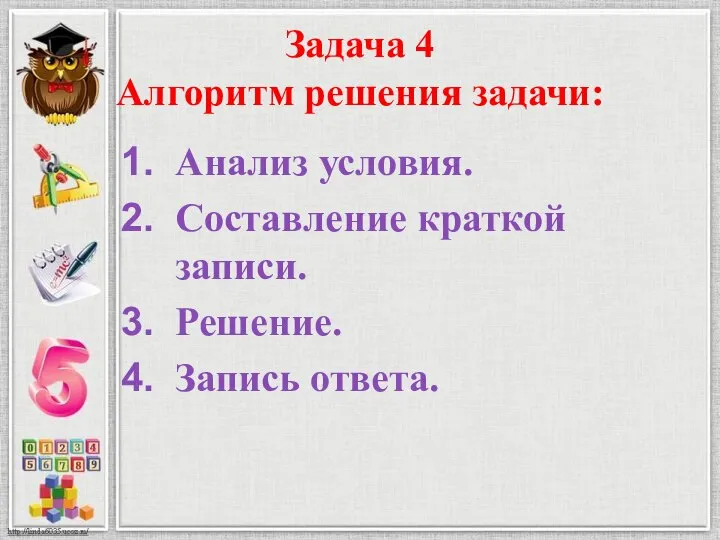 Задача 4 Алгоритм решения задачи: Анализ условия. Составление краткой записи. Решение. Запись ответа.