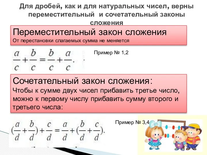 Переместительный закон сложения От перестановки слагаемых сумма не меняется Для дробей,