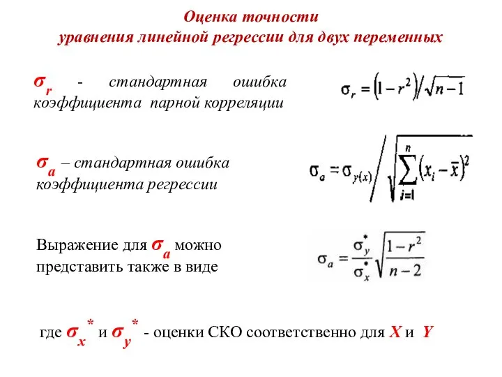 Оценка точности уравнения линейной регрессии для двух переменных σr - стандартная