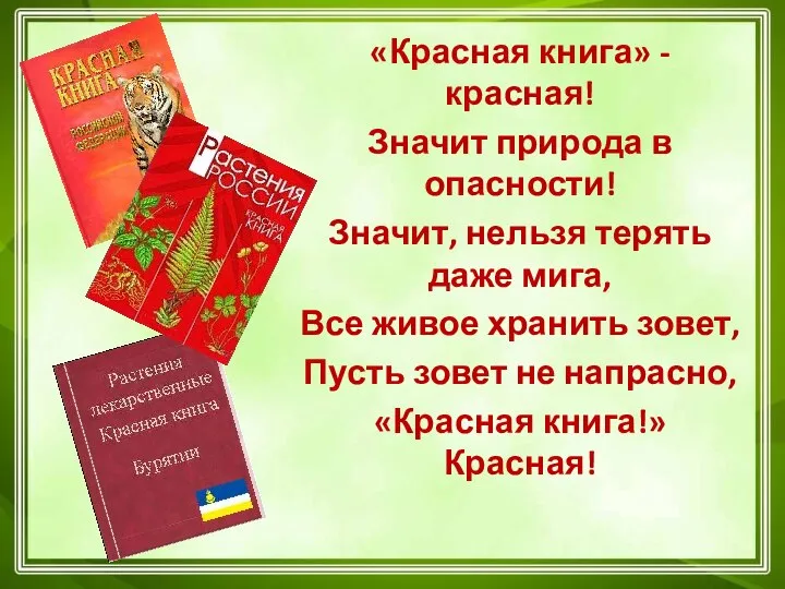 «Красная книга» - красная! Значит природа в опасности! Значит, нельзя терять