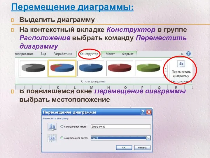 Выделить диаграмму На контекстный вкладке Конструктор в группе Расположение выбрать команду