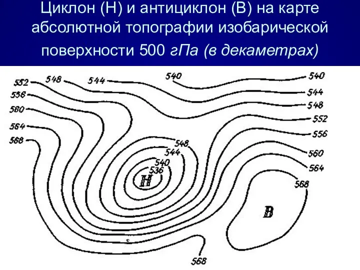 Циклон (H) и антициклон (В) на карте абсолютной топографии изобарической поверхности 500 гПа (в декаметрах)