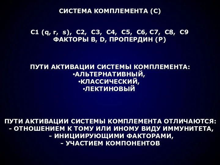 СИСТЕМА КОМПЛЕМЕНТА (С) С1 (q, r, s), С2, С3, С4, С5,