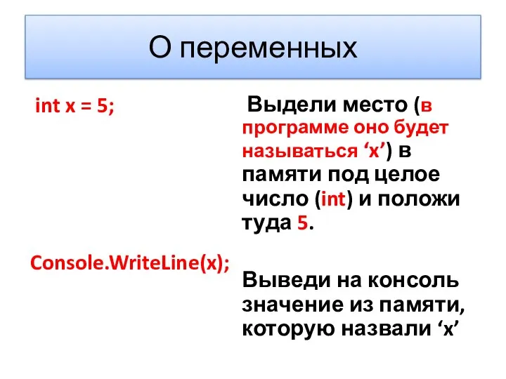 О переменных int x = 5; Console.WriteLine(x); Выдели место (в программе