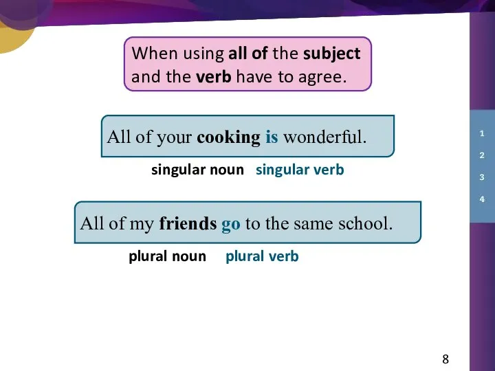 All of your cooking is wonderful. singular noun singular verb All