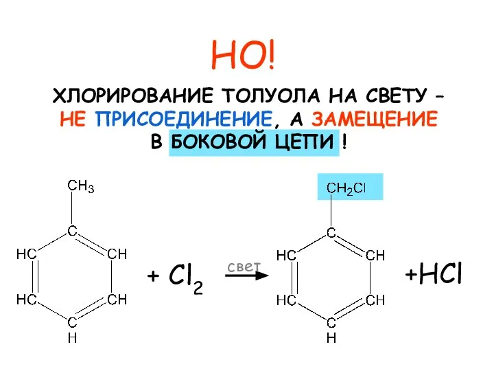 НО! ХЛОРИРОВАНИЕ ТОЛУОЛА НА СВЕТУ – НЕ ПРИСОЕДИНЕНИЕ, А ЗАМЕЩЕНИЕ В