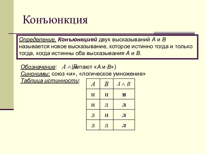 Обозначение: (читают «А и В») Синонимы: союз «и», «логическое умножение» Таблица