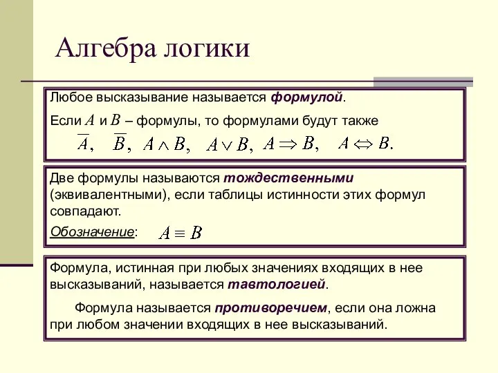 Алгебра логики Формула, истинная при любых значениях входящих в нее высказываний,