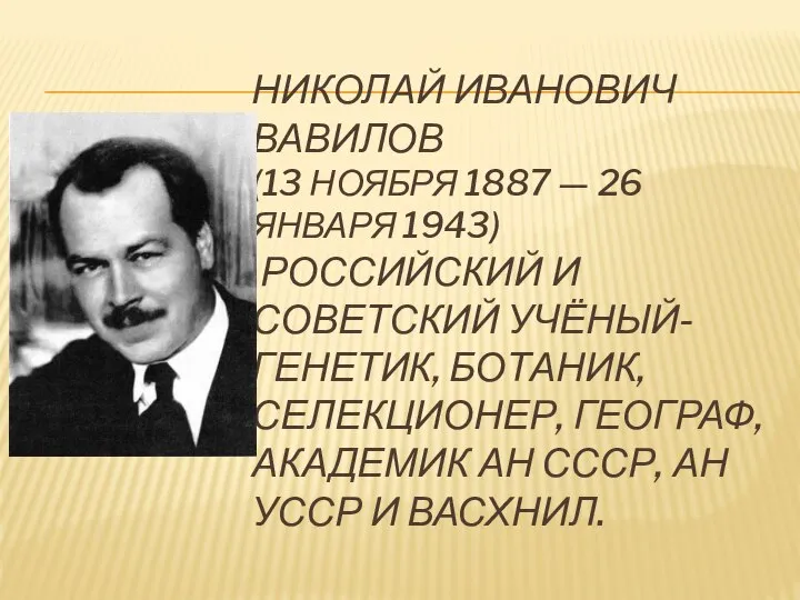 НИКОЛАЙ ИВАНОВИЧ ВАВИЛОВ (13 НОЯБРЯ 1887 — 26 ЯНВАРЯ 1943) РОССИЙСКИЙ