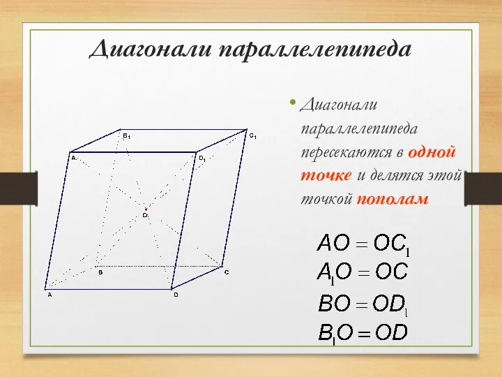 Диагонали параллелепипеда Диагонали параллелепипеда пересекаются в одной точке и делятся этой точкой пополам