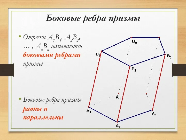 Боковые ребра призмы Отрезки A1B1, A2B2, … , AnBn называются боковыми