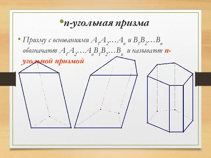 n-угольная призма Призму с основаниями A1A2…An и B1B2…Bn обозначают A1A2…AnB1B2…Bn и называют n-угольной призмой