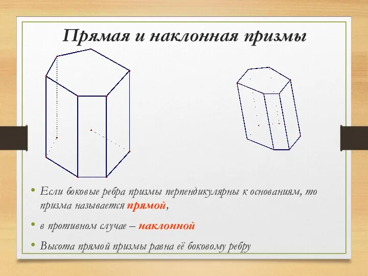 Прямая и наклонная призмы Если боковые ребра призмы перпендикулярны к основаниям,