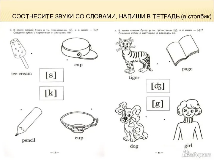 СООТНЕСИТЕ ЗВУКИ СО СЛОВАМИ, НАПИШИ В ТЕТРАДЬ (в столбик)