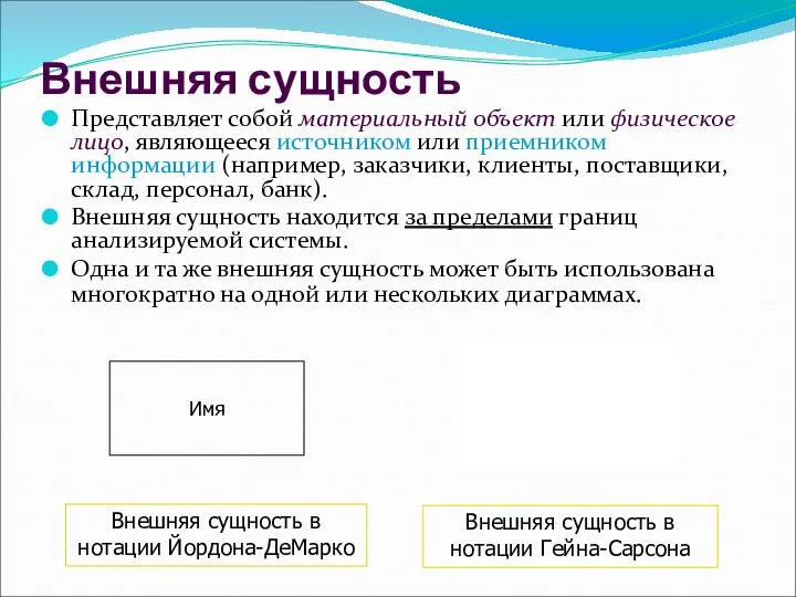 Внешняя сущность Представляет собой материальный объект или физическое лицо, являющееся источником