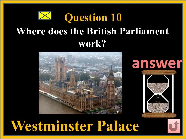 Question 10 Where does the British Parliament work? Westminster Palace answer