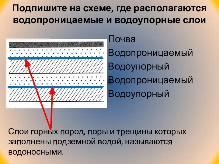 Подпишите на схеме, где располагаются водопроницаемые и водоупорные слои Почва Водопроницаемый