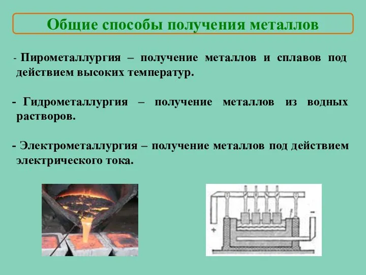 Общие способы получения металлов Пирометаллургия – получение металлов и сплавов под