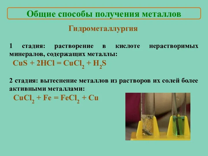 Общие способы получения металлов Гидрометаллургия 1 стадия: растворение в кислоте нерастворимых