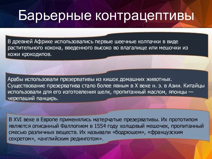 Барьерные контрацептивы В древней Африке использовались первые шеечные колпачки в виде