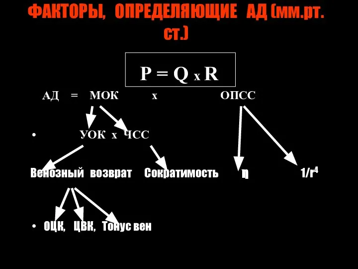 ФАКТОРЫ, ОПРЕДЕЛЯЮЩИЕ АД (мм.рт.ст.) Р = Q x R АД =