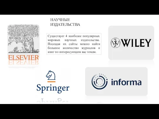 НАУЧНЫЕ ИЗДАТЕЛЬСТВА Существует 4 наиболее популярных мировых научных издательства. Посещая их