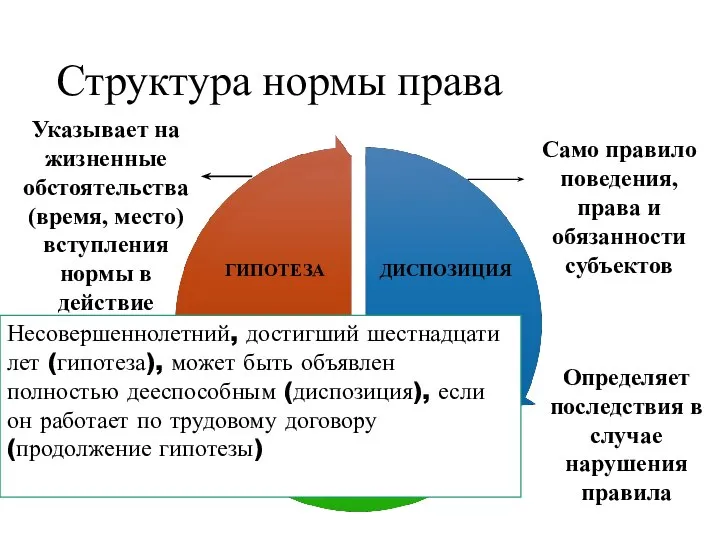 Структура нормы права Указывает на жизненные обстоятельства (время, место) вступления нормы