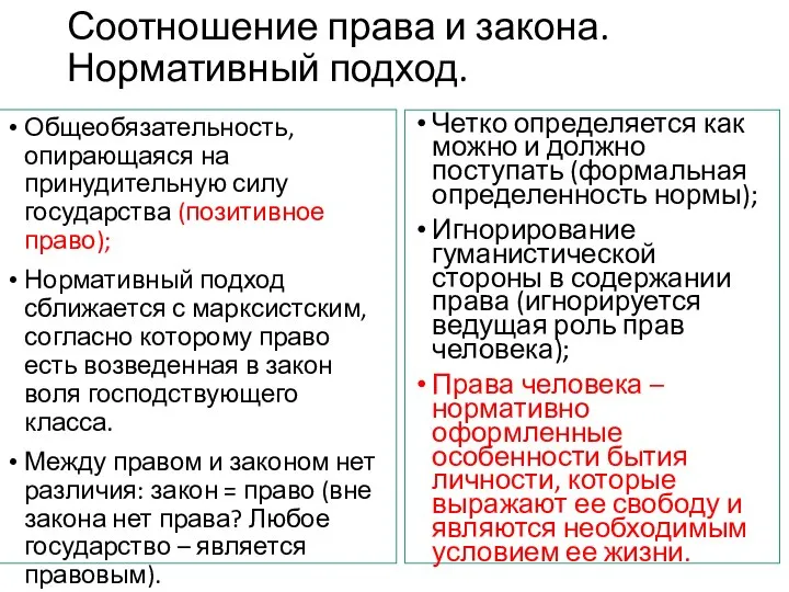 Соотношение права и закона. Нормативный подход. Общеобязательность, опирающаяся на принудительную силу