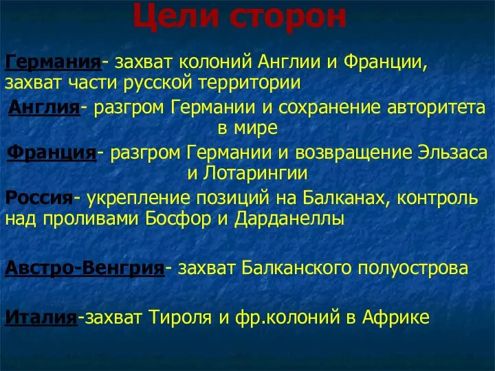 Цели сторон Германия- захват колоний Англии и Франции, захват части русской