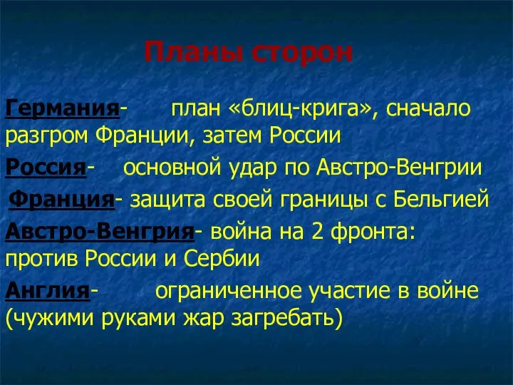 Планы сторон Германия- план «блиц-крига», сначало разгром Франции, затем России Россия-