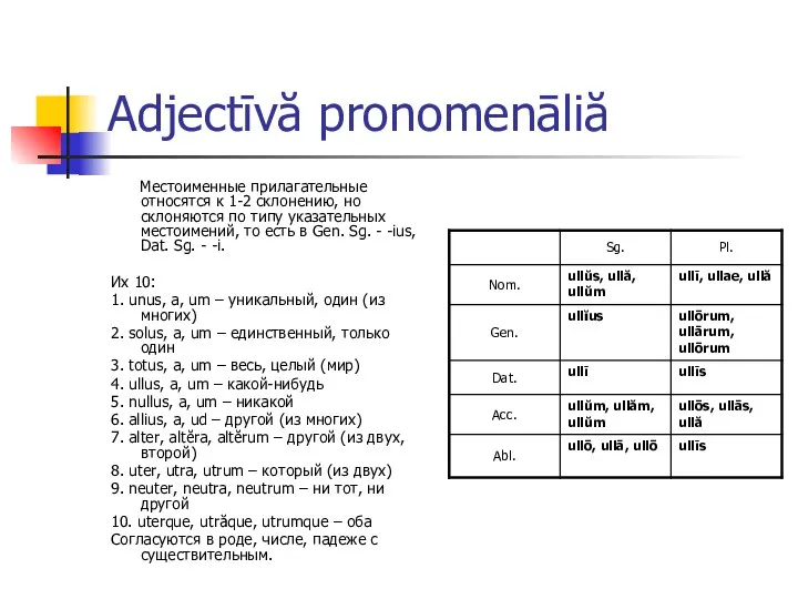 Adjectīvă pronomenāliă Местоименные прилагательные относятся к 1-2 склонению, но склоняются по