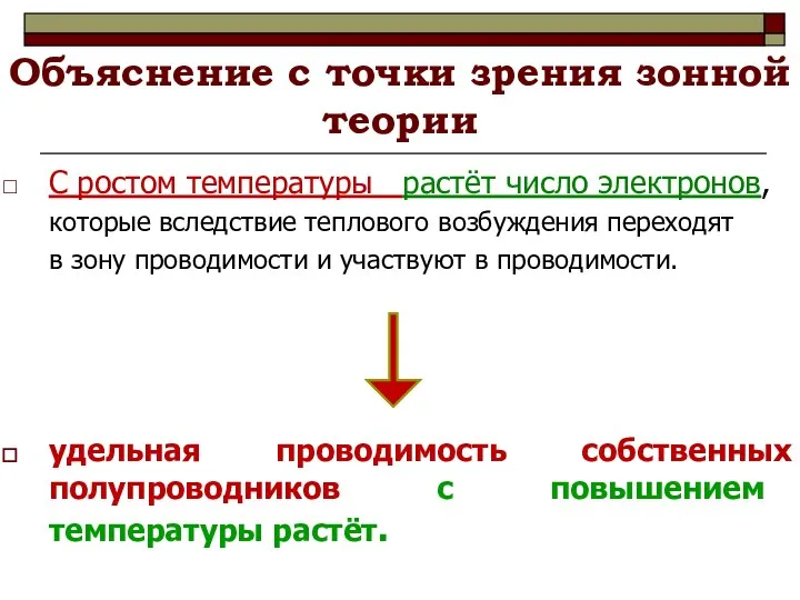 Объяснение с точки зрения зонной теории С ростом температуры растёт число