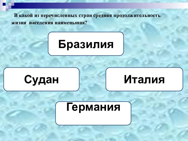 В какой из перечисленных стран средняя продолжительность жизни населения наименьшая? Судан Бразилия Италия Германия