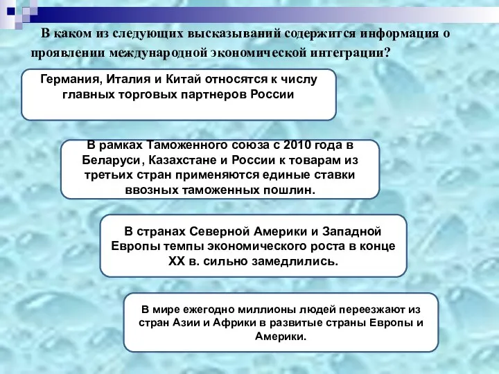 В каком из следующих высказываний содержится информация о проявлении международной экономической