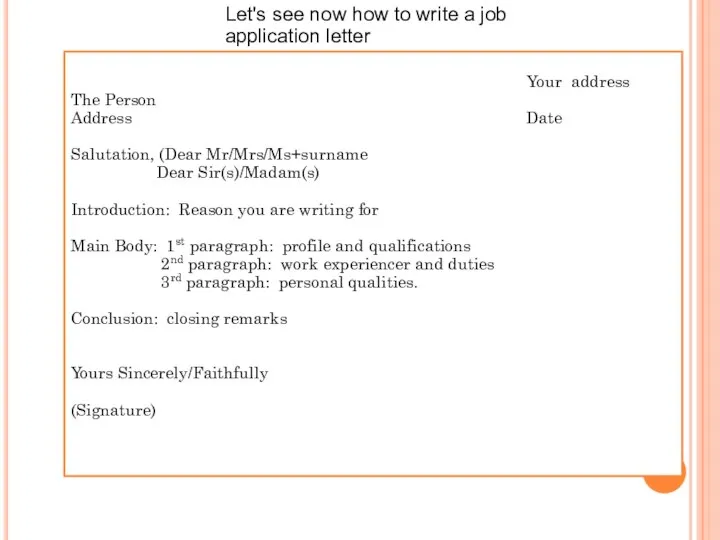 Your address The Person Address Date Salutation, (Dear Mr/Mrs/Ms+surname Dear Sir(s)/Madam(s)