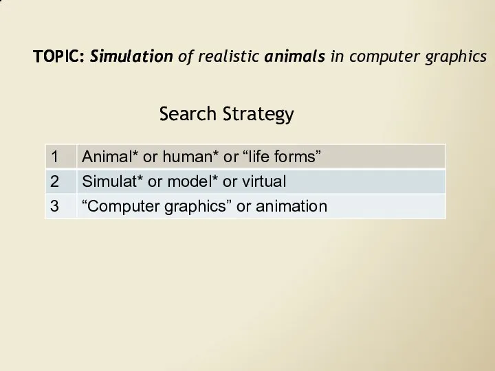 TOPIC: Simulation of realistic animals in computer graphics Search Strategy