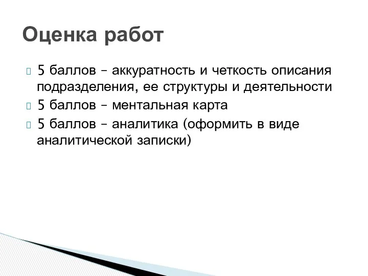 5 баллов – аккуратность и четкость описания подразделения, ее структуры и