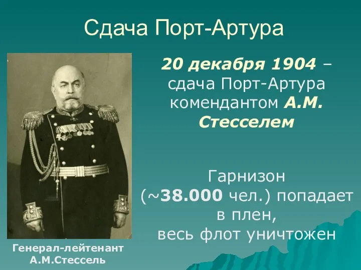 Сдача Порт-Артура Генерал-лейтенант А.М.Стессель 20 декабря 1904 – сдача Порт-Артура комендантом