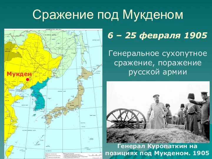 Сражение под Мукденом Мукден 6 – 25 февраля 1905 Генеральное сухопутное