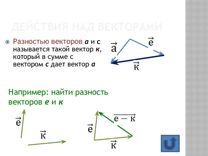 ДЕЙСТВИЯ НАД ВЕКТОРАМИ Разностью векторов а и с называется такой вектор