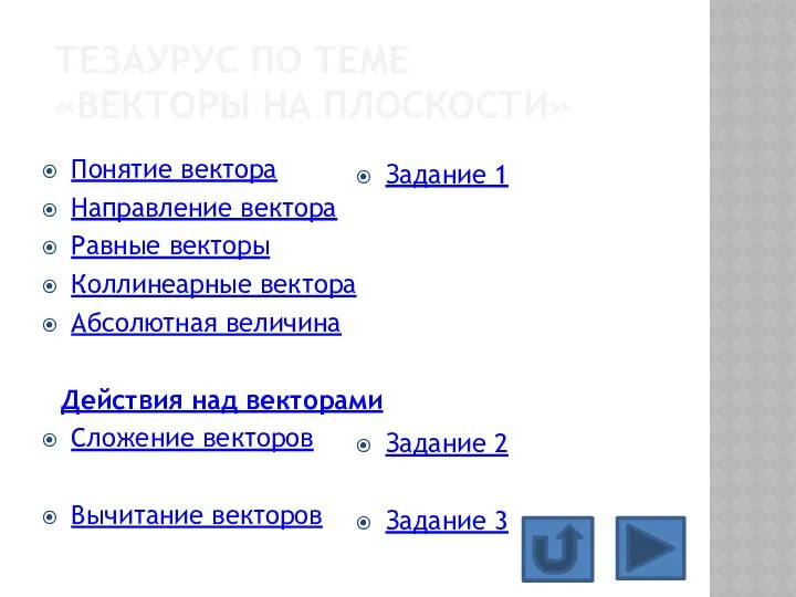 ТЕЗАУРУС ПО ТЕМЕ «ВЕКТОРЫ НА ПЛОСКОСТИ» Понятие вектора Направление вектора Равные