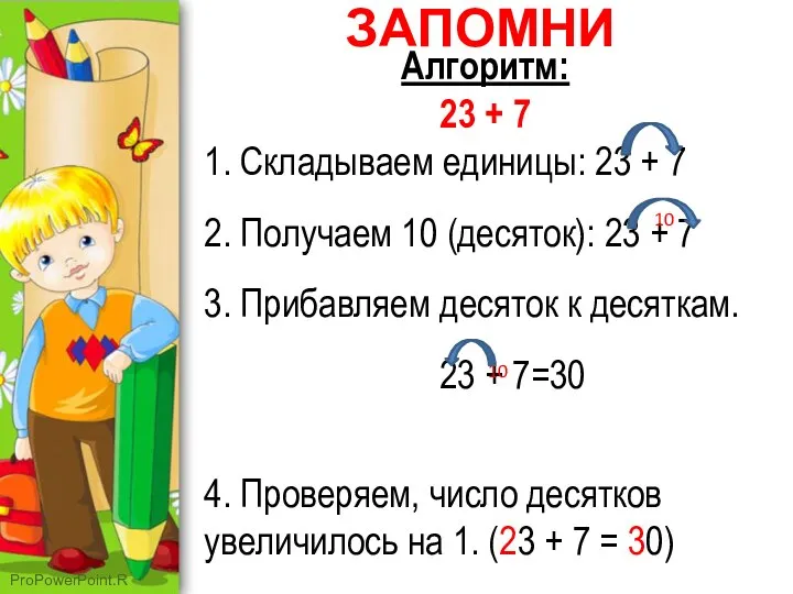 Алгоритм: 23 + 7 1. Складываем единицы: 23 + 7 2.